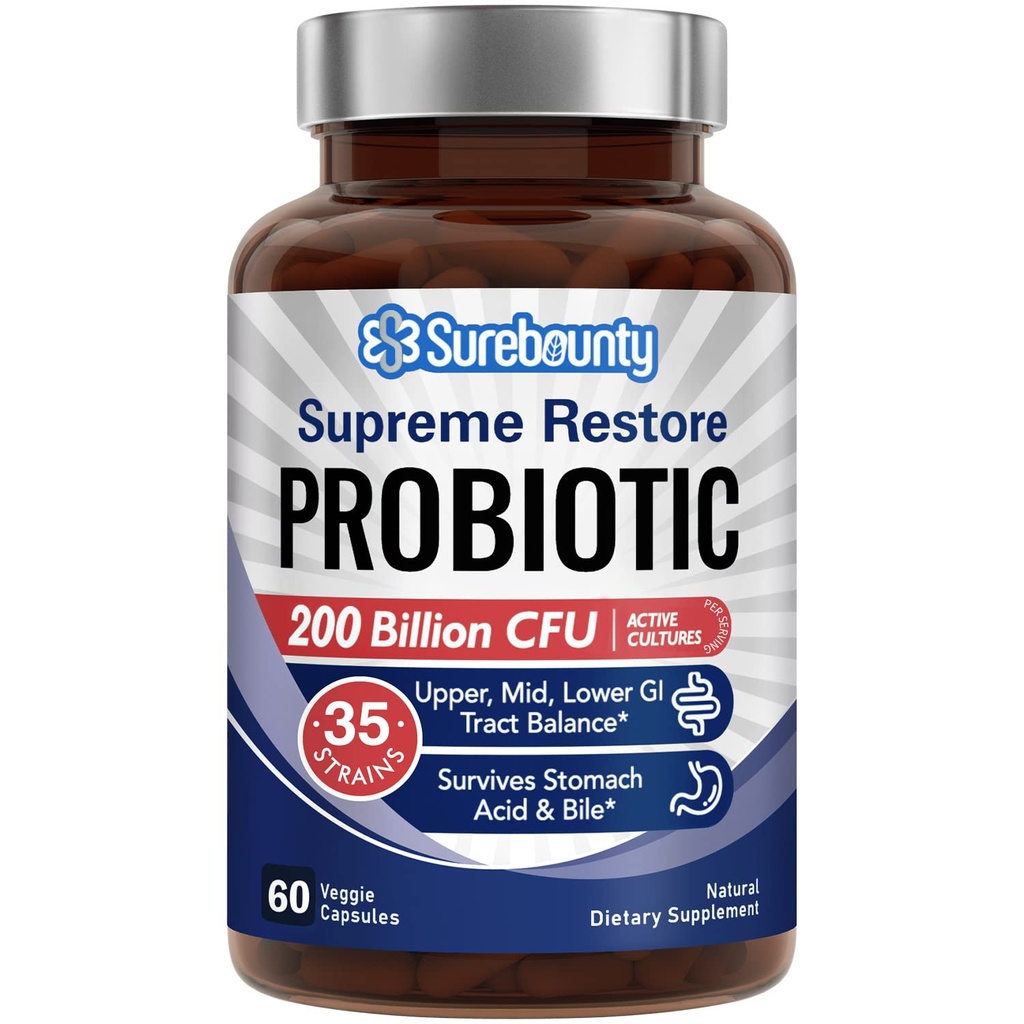 Probiotik untuk Pria & Perempuan, 200 Milyar CFU 35 Strains, Pregities + Digetical Enzymes, Supreme Restore Probiotic Suplemen, Upper, Mid, Lower GI Tract Saldo, 60 Vevgie Capsules, 1 Bulan