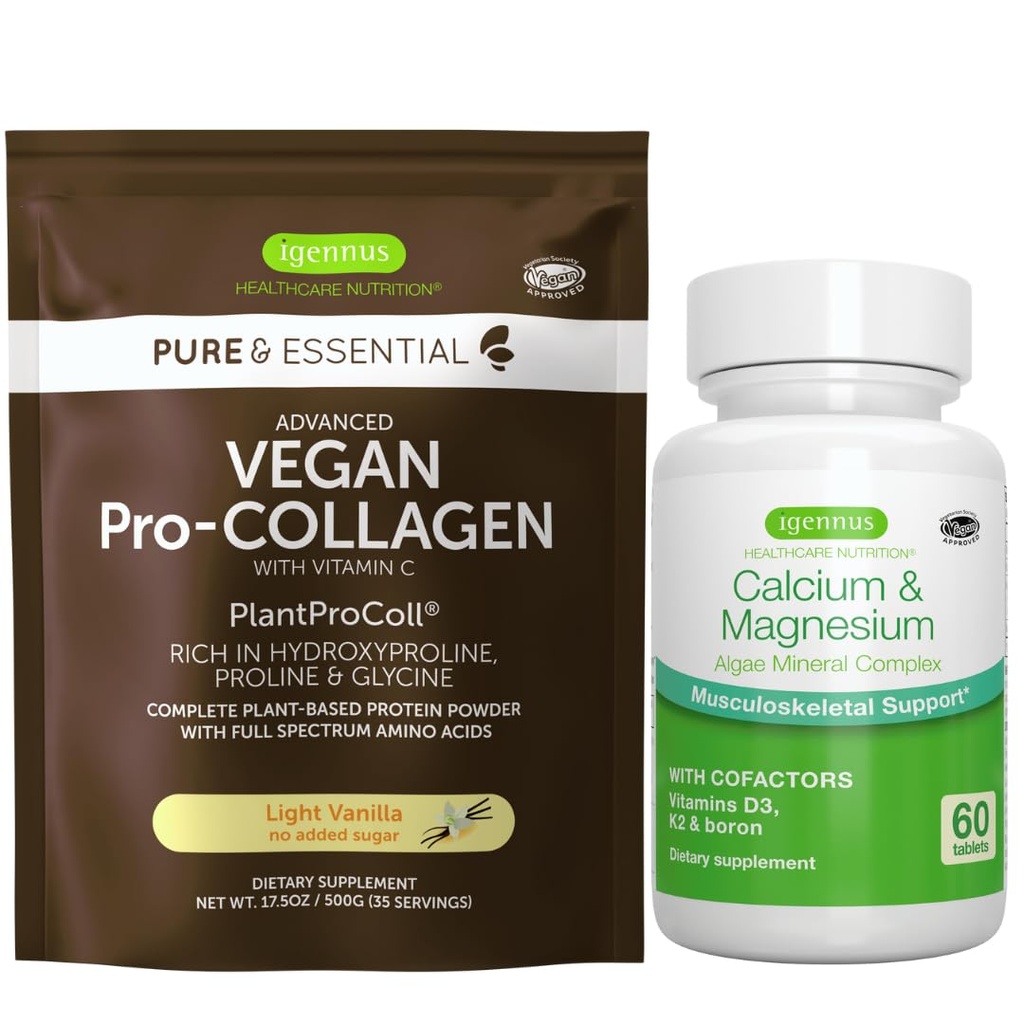 Vegan Vanilla Collagen Protein Powder + Calcium & Magnesium Complex Bundle, Dukungan Bone Comprehensive, oleh Igennus
