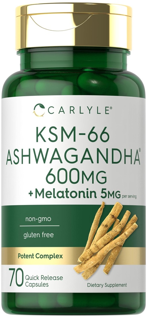 Carlyle KSM-66 Ashwagandha Capsules 600mg 124; 70 Count 124; dengan Melonalin 5mg 124; Scan Complex 124; Non-GMO, Gluten Free