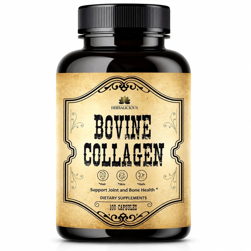 Suplemen Bovine Collagen HERBALIUS untuk Men and Women 124; GMO-Hydrolyzed Grass- Fed Bovine Collagen Peptides 124; Gabungan, Nerve & Bone Dukungan 124; Non-GMO, Anti- Aging 124; 100 Capsules