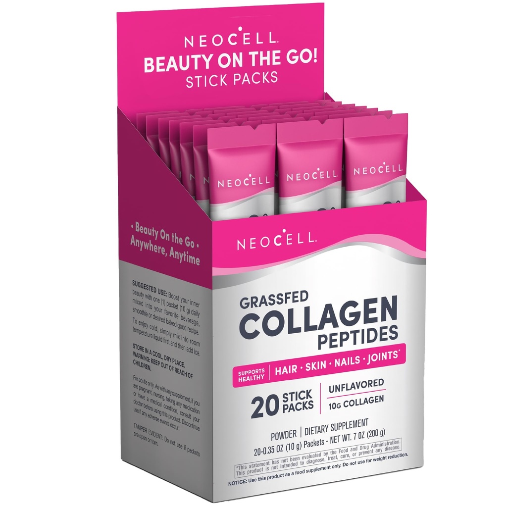 NeoCell Super Collagen Peptides, 10 g Collagen / Single- Serve Packet; Keto Bersertifikat, Gluten Bebas; untuk Kulit sehat, Rambut, Nails dan Dukungan Gabungan; * Bubuk Tanpa Rasa, 20 Pelayan, 7 Oz.