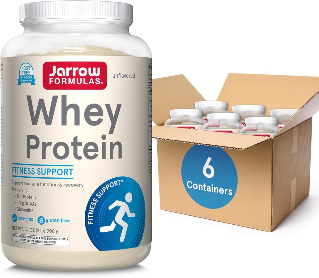 Jarrow Formula Whey Protein dengan 18g bubuk Protein, 3.8g BCAAs, dan Glutamine, suplemen Dietary untuk Fungsi Muscle & Recovery Dupder, 32 oz Powder Unflashing, kurang lebih 38 Day Supply, 6 Packs