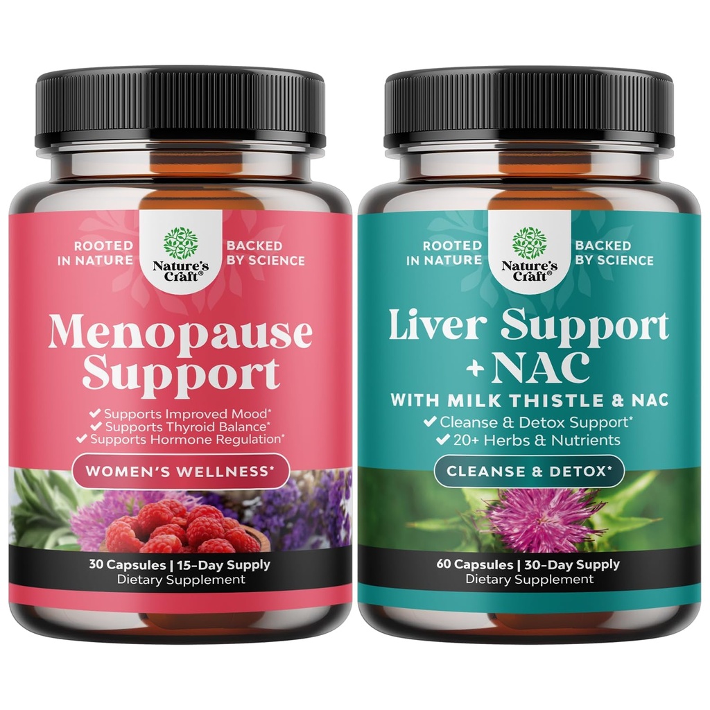 Bundle of Menopause Suplemen untuk Hot Flashes dengan Dong Quai Vitex Berry & Black Cohh dan Liver Dukung NAC - Milk Thistle N Acetyl Cysteine dengan Turmeric, Choline, Dandelion & L- Glutathione