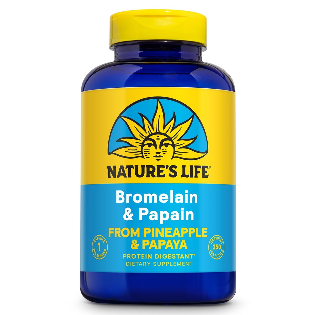 Nature 's Life Bromelain & Papain 124; Proteolytic Enzymes for Digetical Support & Comfort 124; dari Pineapple & Papiya 1244; 250mg (250 CT)