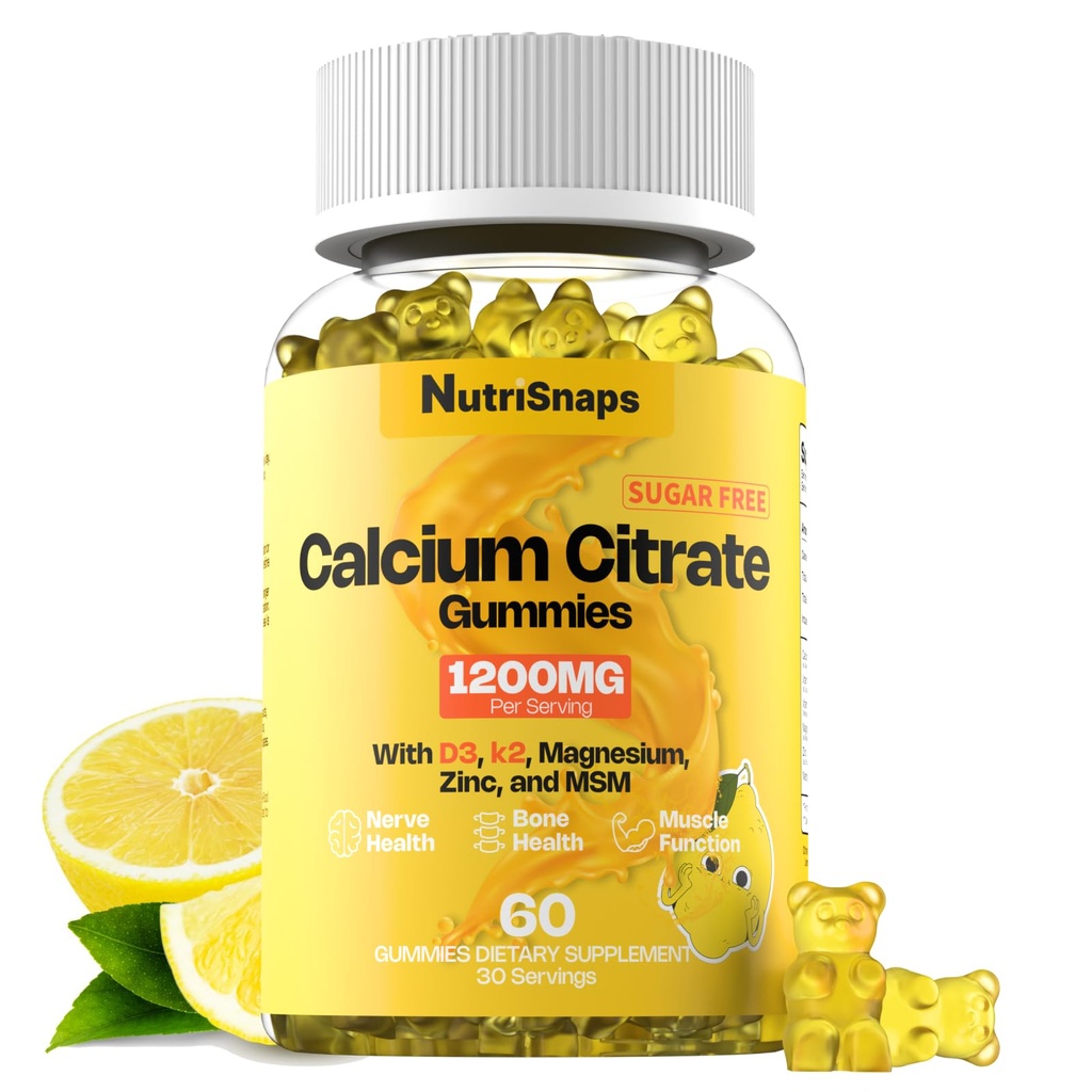 Sugar Free Calcium Citrate Gummies 1200 mg dengan Vitamin D3, Magnesium, Zinc, MSM untuk Pria & Women, Bone, Muscle, Immune Dupport, Ultimate Absorpsi Kalsium Suplemen, Vegan, 60 Count
