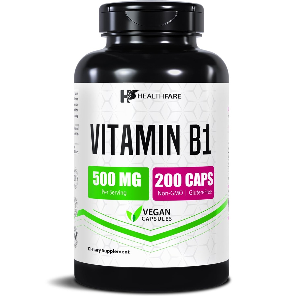 Healtfare Vitamin B1 (Thiamine) 500mg = 124; 200 Vegan Capsules 124; Tambahan Suplemen Tinggi Kekuatan 124; Menyediakan Energi & Gugup Sistem 124; Non- GMO, Gluten- Free-Free-Potency Applemen Amerika Serikat