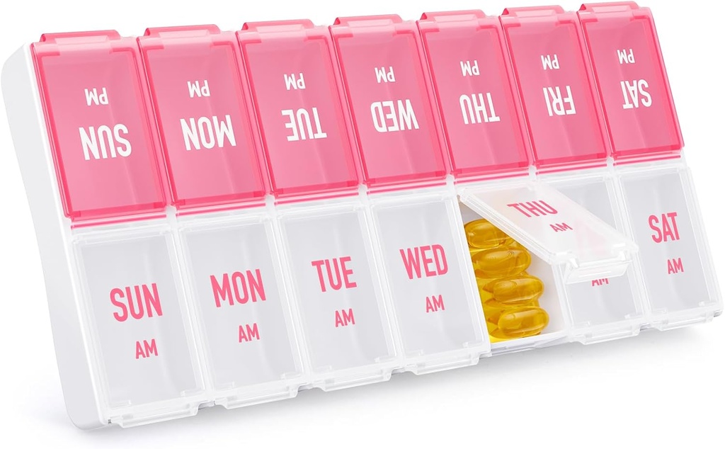Weekly Pill Organizer 2 Times sehari, Stylish Pill Box 7 Day AM PM dengan Kompartemen Besar, Pill Case Mudah digunakan, BPA-Free Pill Container untuk Vitamin, Fish Oils, Suplemen, Obat-obatan, Pink