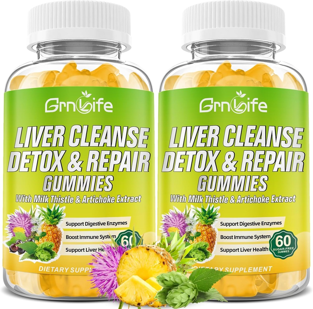 Liver Cleanse Detox & Repair Gummies dengan Milk Thistle 3000mg, 24- in- 1 Liver Supplemen Kesehatan dengan Dandelion, Artichoke, Gumin Bebas Gula, Pineapple Flavor - 120 Count