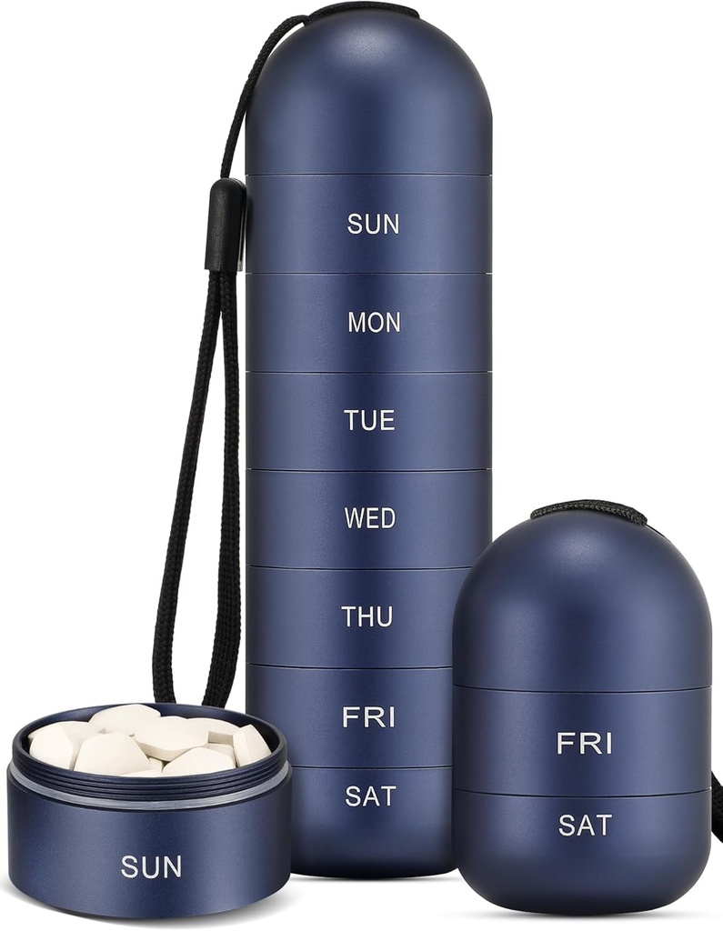 Zannaki Metal Moisance Membuktikan Weekly Pill Organizer, Stackable Aluminum Obvoy BPA Free Travel Heking 7 Day Pill Box Case Waterproof and Large Comment to Hold Pills, Vitamin, Fish Oil, Suplemen