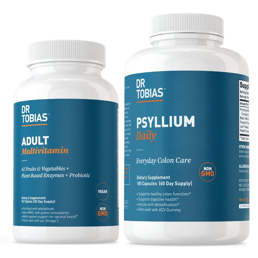 Dr. Tobias Adult Multivitamin & Psyllium Daily Supports Energy, Imunionity & Healthy Bowel Movements with 42 Fruits & Vevables, PSllium Husk, Bentonite Clay, Flaxseed & Natural Ingrediments
