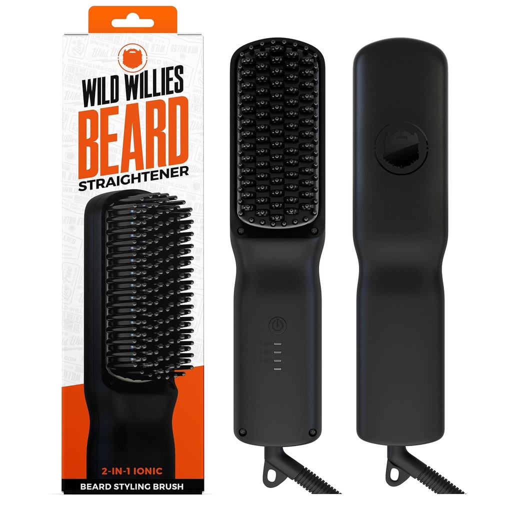 Wild Willies Straightener for Men - 3 Temperatur, Tourmaline Ceramic Heated Beard Brush & Hot Comb - Portable, Ionic Technology, Buss & Curly Hair, 400F - Grooming Tool
