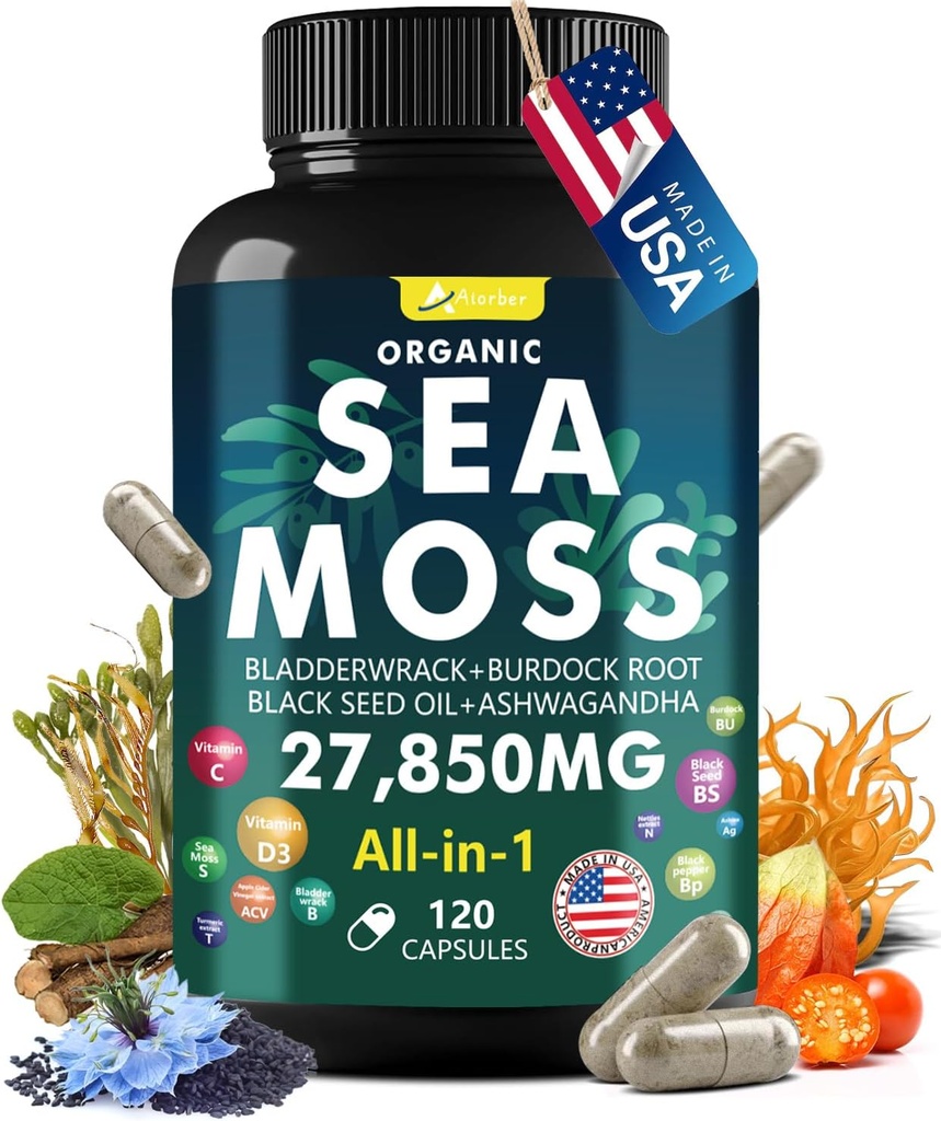 Sea Moss Capsule Complex with Sea Moss, Black Seed Oil, Aşhwagandha, Ginger & Vitamin C, D3-120 Capsules, Superfood Suplemen - Advanced Seamoss Pills, Wild Sea Moss Pills, Made USA