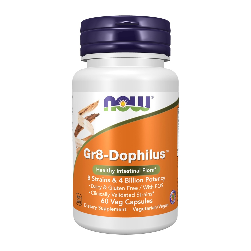 Suplemen NOW Foods, Gr8- Dophilus ™ dengan 8 Strains & 4 Miliar Potency, Shelf Stable, 60 Veg Capsules