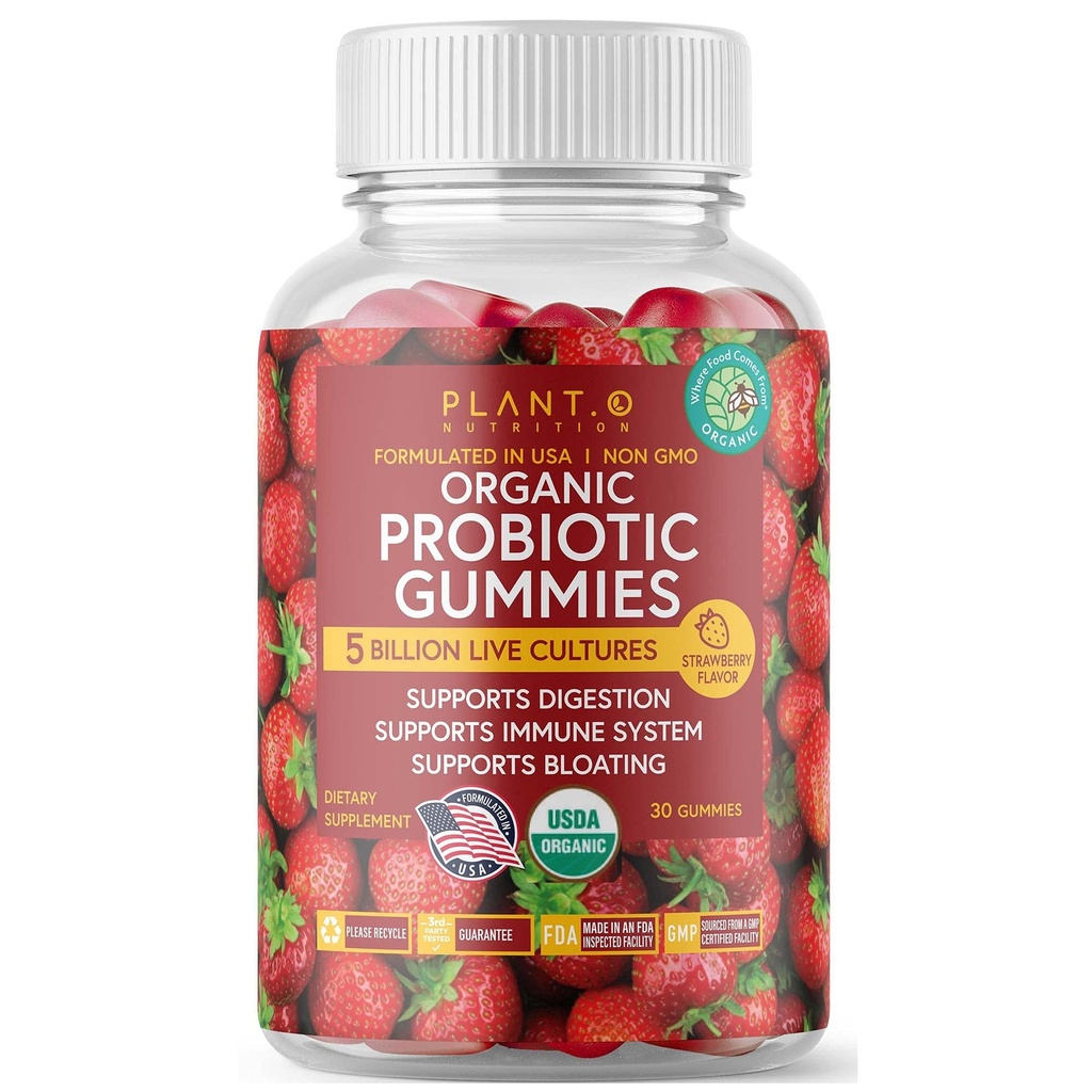 Plant.O Promitic Probiotic Gummies for Women, Men & Kids [5 Milyar CFU USDA Certifikasi] Bantuan Dibuffic, Bloating, Constipation & Imune System, Strawberry Flavor, 30 Chewable Progories