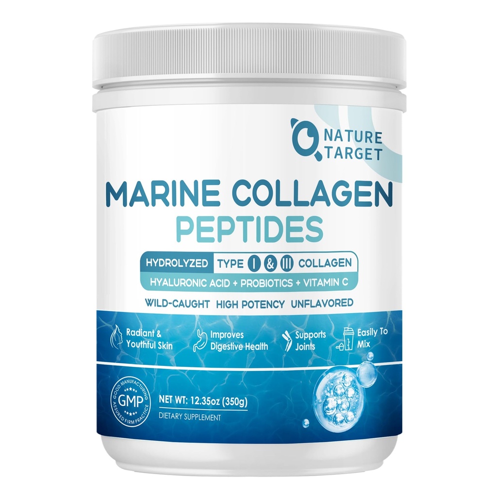 NAFURE TARGET Marine Collagen Peptides Powder - Tipe I & III Collagen dengan Progitien, Vitamin C & Hyaluronic Acid for Skin, Hair, Nails, Wild- Caught Fish & Grass- Fed Bovine, 35 Servings
