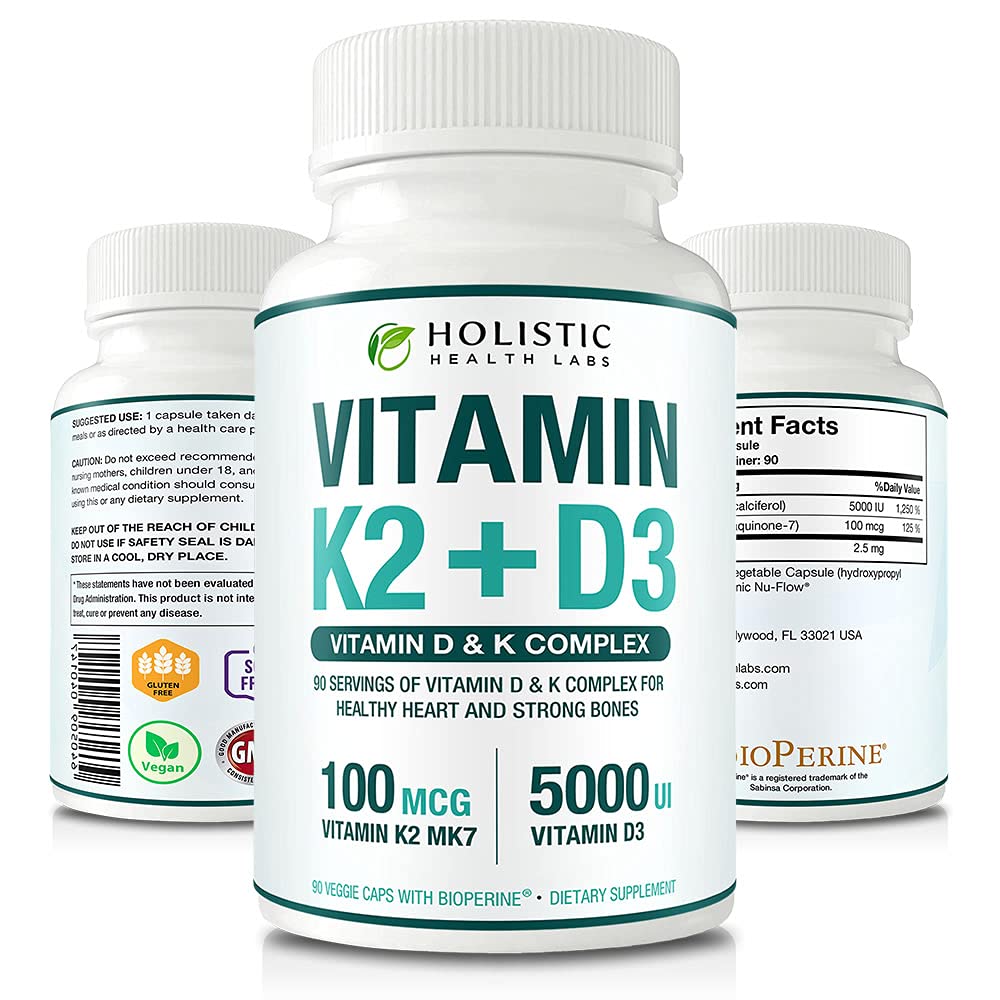 Max Absorpsi Vitamin K2 + D3 (5000LU) 90 Veggie Capsules dari MK-7 (Menaquinone- 7) dan Cholecalferol (dengan BioPerine) 3- Bulan Supply - D3 dengan K2 untuk Hati sehat dan Bones Kuat 128; Non-GMO
