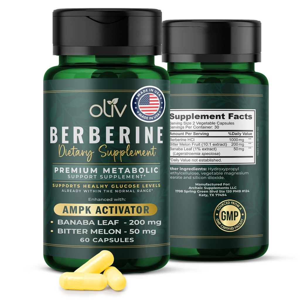 Olivia Pure Berberine Suplement Kapsules - Berberine HCI 1000mg - Natural Metabolic Dukungan dengan 200mg Bitter Melon Fruit Extract dan 50mg Banaba Leaf - 2 Veggie Capsules Daily (30 Pelayan)
