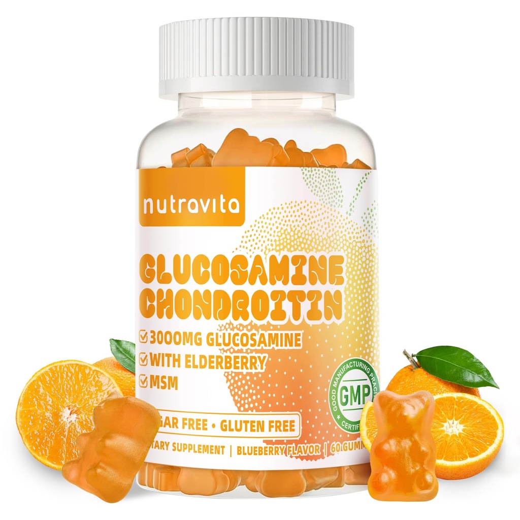 Nutravita Glucosamin Chondroitin Gummies dengan MSM & Elderberry Extra Strength - Dukungan Bersama, antioksidant Suppport Ammune untuk Dewasa, Men & Women.60 Orange Chews