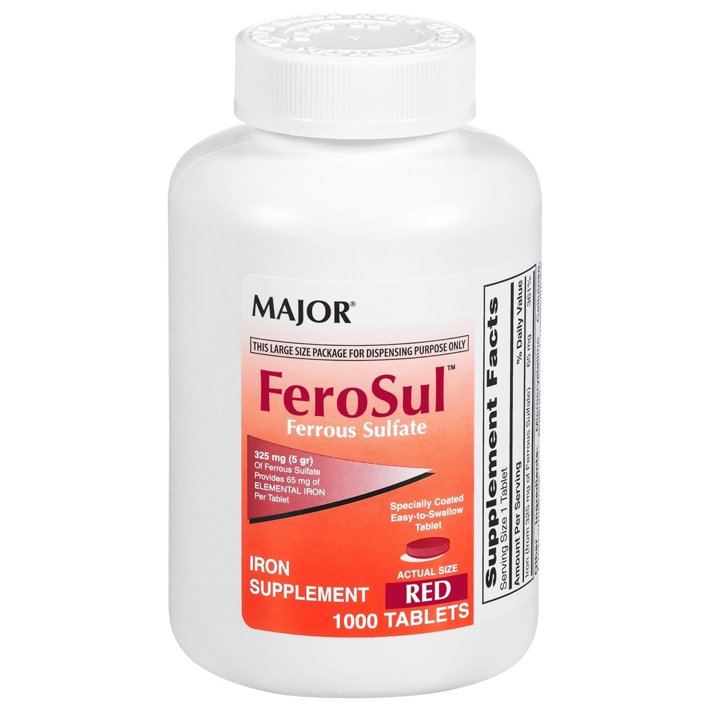 Mayor FeroSul - Ferrous Sulfate 325 mg Tablet - Iron Suplement for Women and Men - Specially Coated Eister-to-Swallow Tablet - Merah - 1000 Count