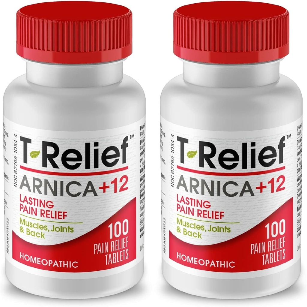 T-Relief Arnica + 12 Actives Relifeing Natural Actions for Back Painess Soreness Aches & Stiffness, Whole Body Fast Acting Relief for Women & Men - 100 Tablets (2 Pack)