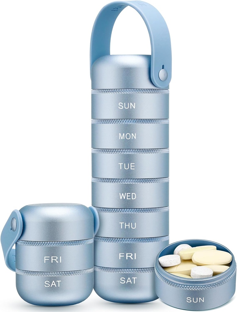 Zannaki Metal Weekly Pill Organizer, Large Travel Pill Box 7 Day, Timeproof Daily Pill Case with Silicone Handle, Aluminum Allour Pill Holder Container for Vitamin, Medicine, Pil,