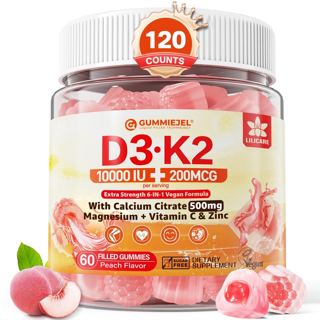 Vitamin D3 K2 Filled Gummies 5000IU / 10.000 IU dengan 500mg Kalsium + K2 (MK-7) 200mcg, Magnesium, Vitamin C & Zinc, Kekuatan Ekstra - Absorbency Ultimate untuk Gigi Otot Tulang, Vegan -- Paket 2