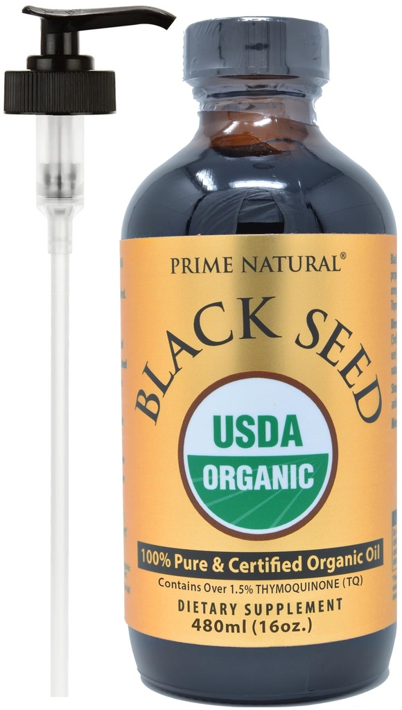 PRIME Natural Organic Black Seed Oil 16oz - Cold Press Unsour High Thymoquinone 1.7% USDA Sertifikasi - Turki Origin Venigella Sativa Liquid - Vegan Omega 3 6 9, Antioksidant