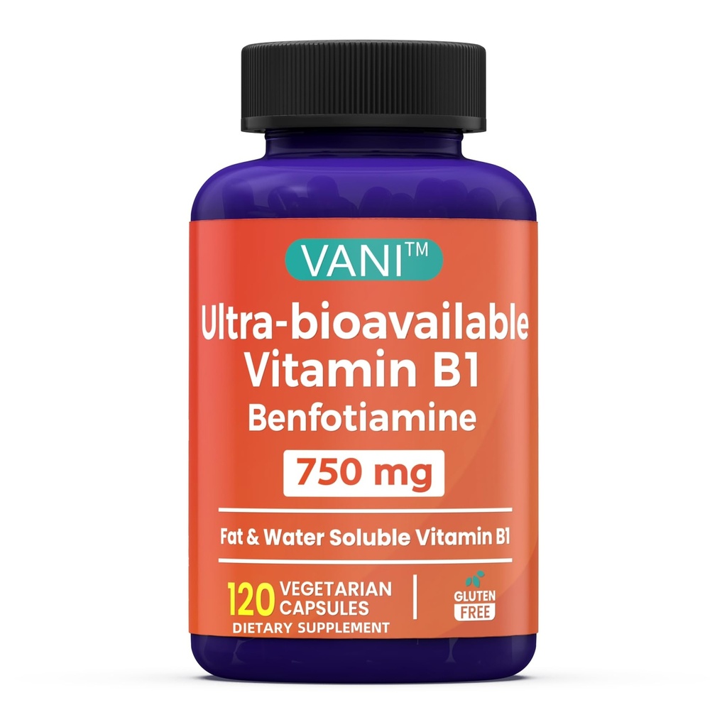 VANI 750MG Benfotiamine dengan B1, 5X Time Fat & Water Soluble Thiamine B1 Suplemen - Partai Ketiga Diuji, Tidak Gluten (120 Kapsul)