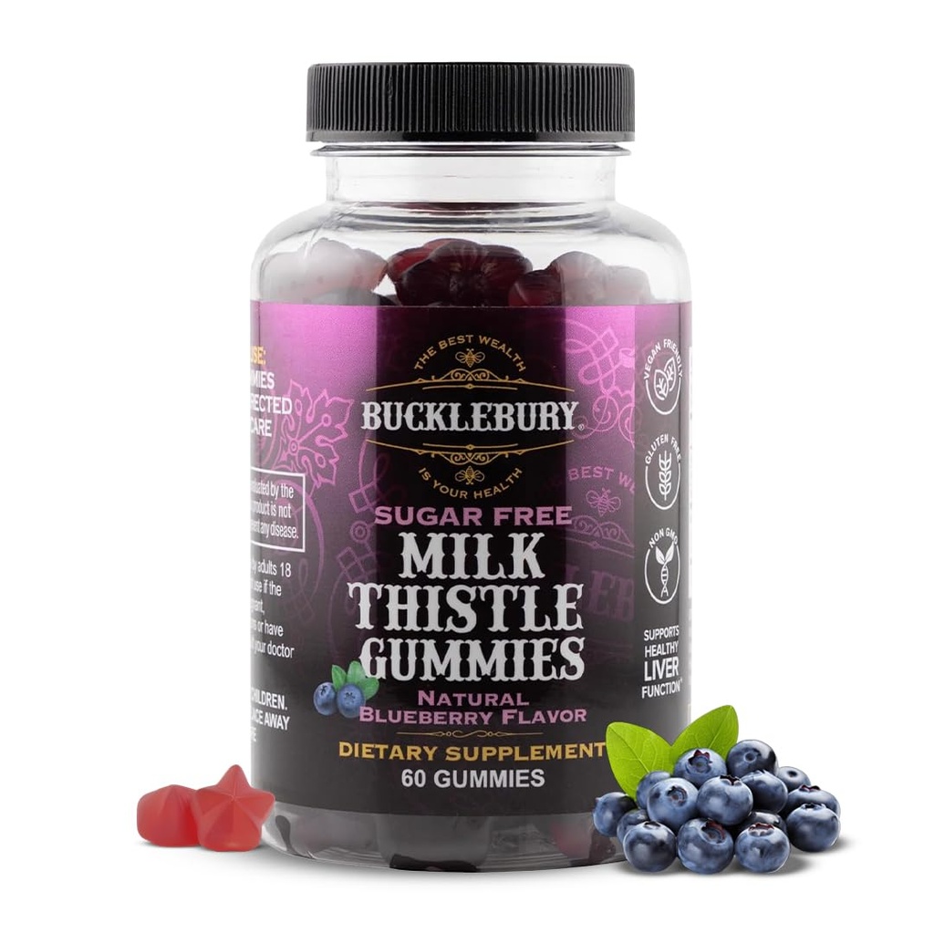 Bucklebury Sugar-Free Milk Thistle Gummies 1000mg with Natural Blueberry Flavor - Vegan, Gluten-Free, Non-GMO Natural Milk Thistle Supplement for Liver Health, Immunity & Antioxidant Support -60 Count