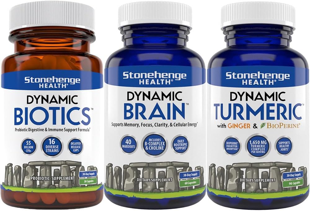 Stonehenge Health Dynamic Biotics Probiotic, Dynamic Brain, Dynamic Turmeriic: Energy, Joints, Ditraffic, Cognitive Support, Memory, Focus, and Clarity