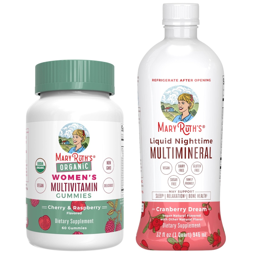 Mary Ruth 's Multivitamin Gummies for Women (Cherry & Raspberry) & Liquid Nighttime Multimineral (Cranberry)