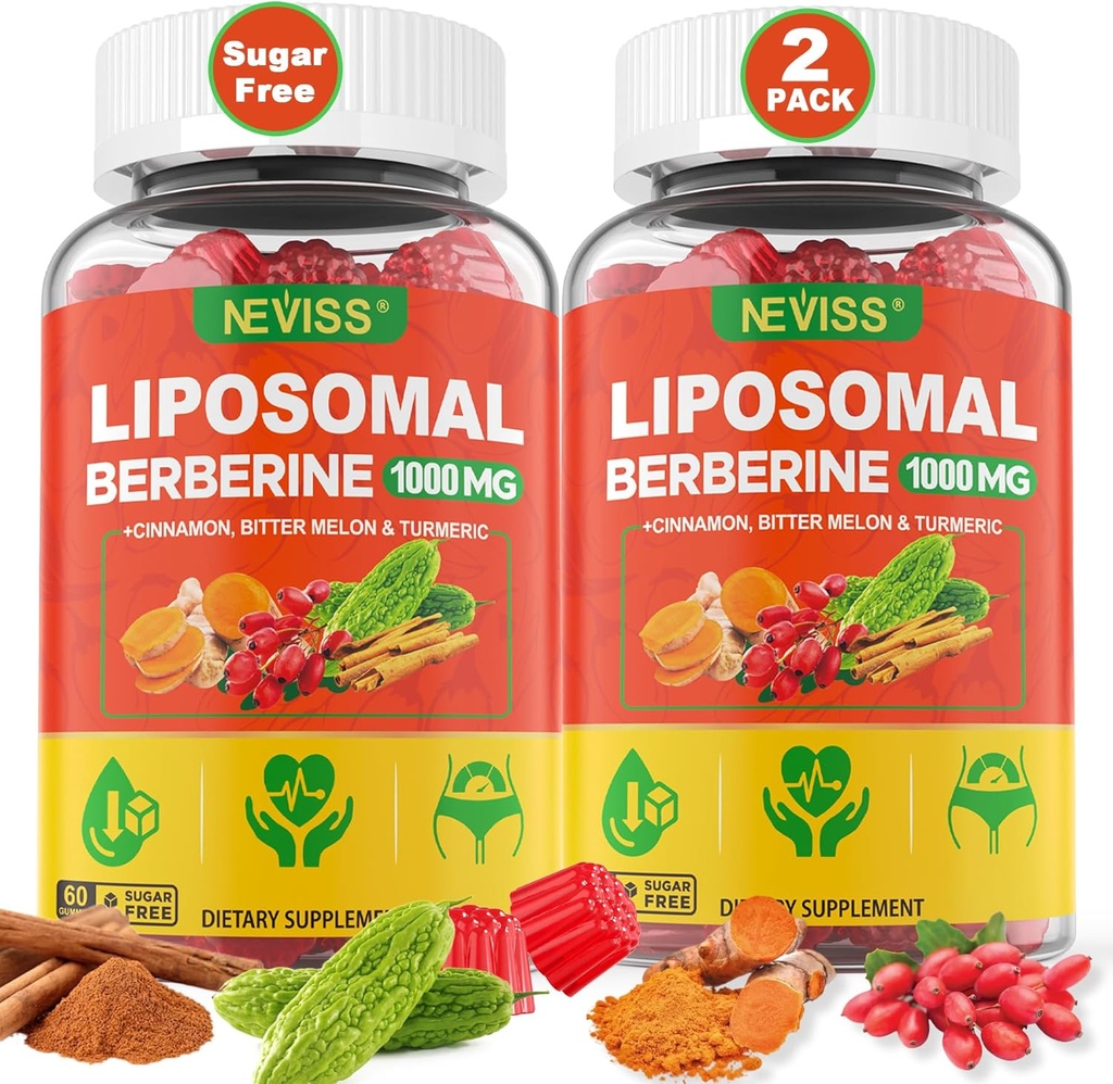 Lipomal Berberine Gummies Organic + Berberine HCL + Turmeric, Berberine Suplemen dengan Cinnamon Ceylon, Bitter Melon, Fiber for Divalry, Artichoke for Liver, Overall Health, Sugar Free