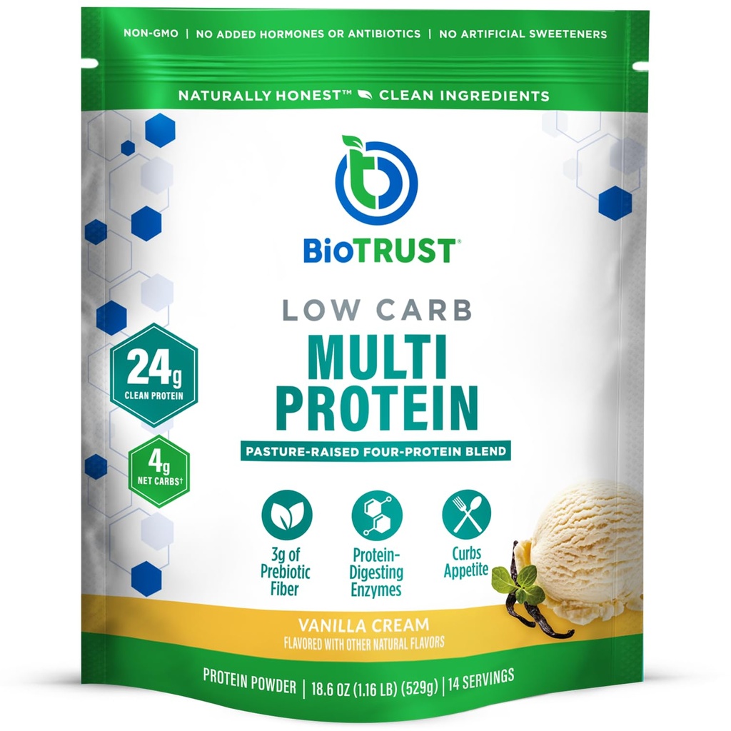BioTrust Low Carin Protein Powder - Natural and Delicious Whey & Casein Blend from Grass- Fed Hormone Free Cows - Non GMO, Soy Free, Gluten Free, Hormone Free (Vanilla)
