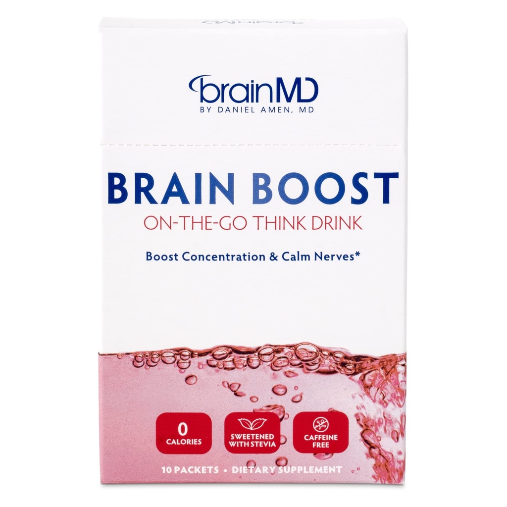 BRAINMD Dr Amen Brain Boost On The Go - 10 Paket, Berry Flavor - Nootropic Minum Powder, Promotes Fokus, Clarity & Mental Energy - Caffeine Bebas, Gluten Free - 10 Servings