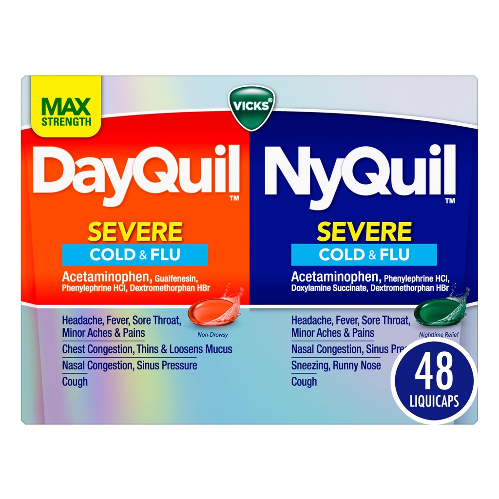 VICKS DayQuil & NyQuil Sevency Co-Pack, Cold & Flu Medicine, Powerful Relief for Headache, Fever, Sore Throat, Minor Ains & Pains, Kendales, Sinus Pressure, Stuffy Nose, dan Batuk, 48 LiquiCaps