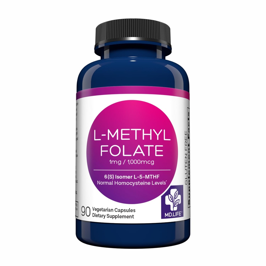 MD Life L-Methylfolat 1 mg Suplemen - Professional- Advanced L Methylfolat Aktif - 90 Capsules - L- Methylfolat 1mg - Maksimum Potensi MTHFR W / Estox Acids