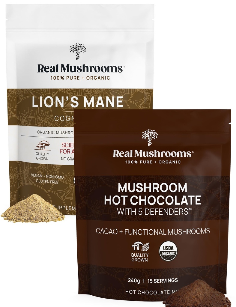 Jamur Real Chocolate Mix Panas (15 Pelayan) dan Mane Singa (60 Serbuk Bundle - Mushroom Powder untuk Imunity Harian & Dukungan Kognition - Bebas, Non-GMO, Vegan