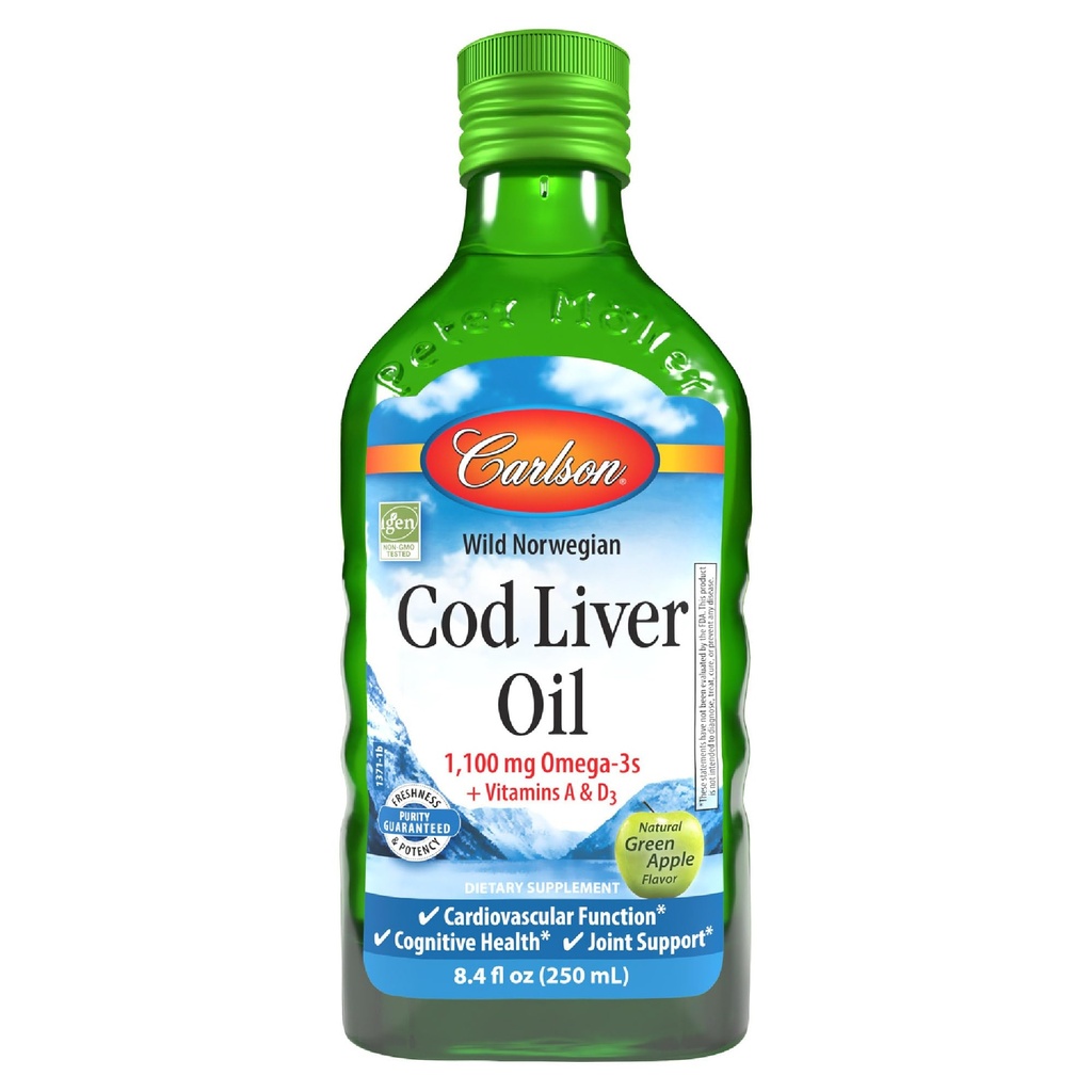 Carlson - Cod Liver Oil, 1100 mg Omega- 3s, Plus Vitamin A dan D3, Wild Caught Norwegia Car Cod Liver Oil, Sumpable Modiced Nordic Fish Oil Liil Liquid, Green Apple, 250 mL (8.4 Fl Oz)