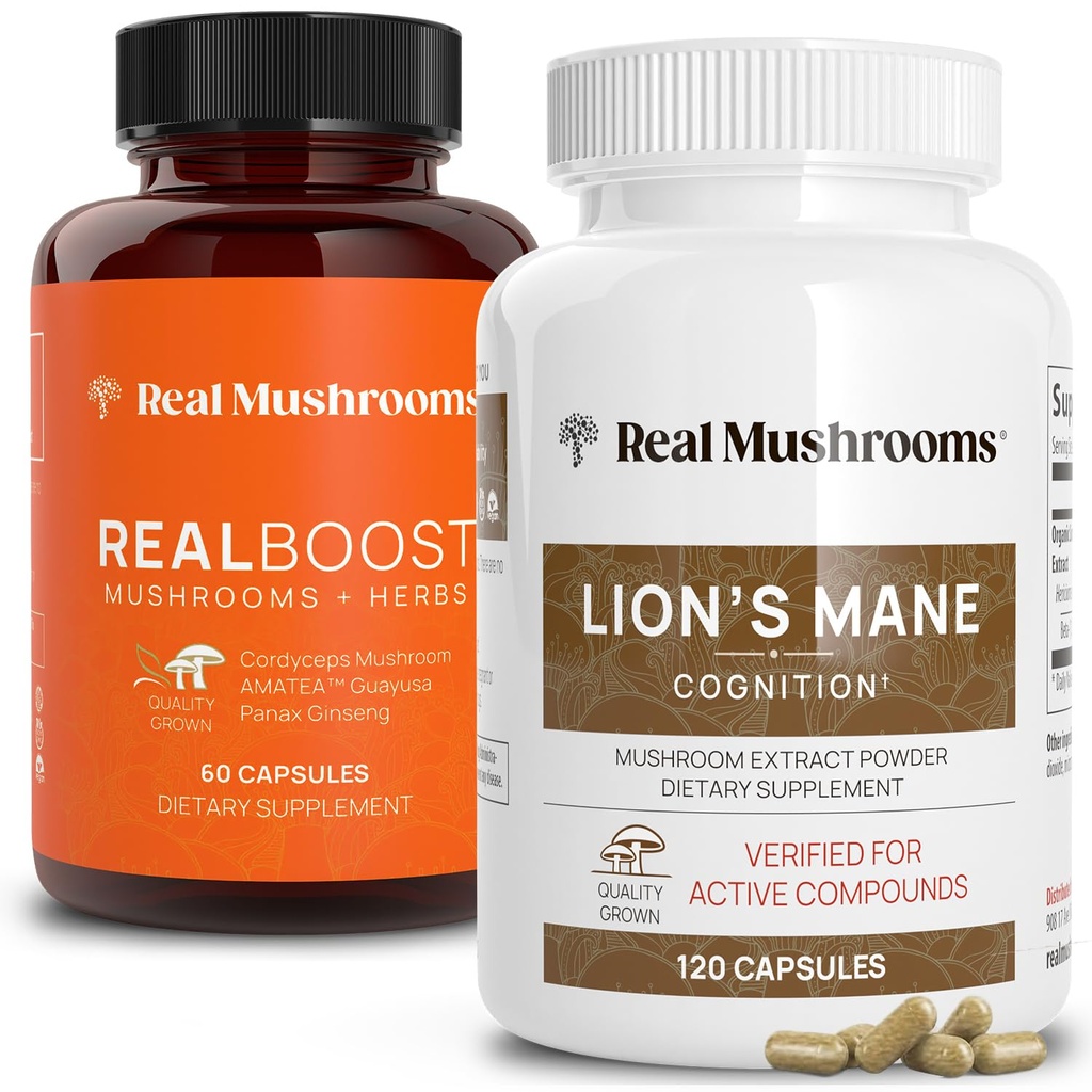 Jamur Real RealBoost (60ct) dan Lions Mane (120ct) Capsules Bundle - Mushroom Suplemen Energi, Vitalitas & Kognition - Energi & Otak Vitamin w / Cordyceps, Ginseng, Guayusa - Vegan, Non-GMO