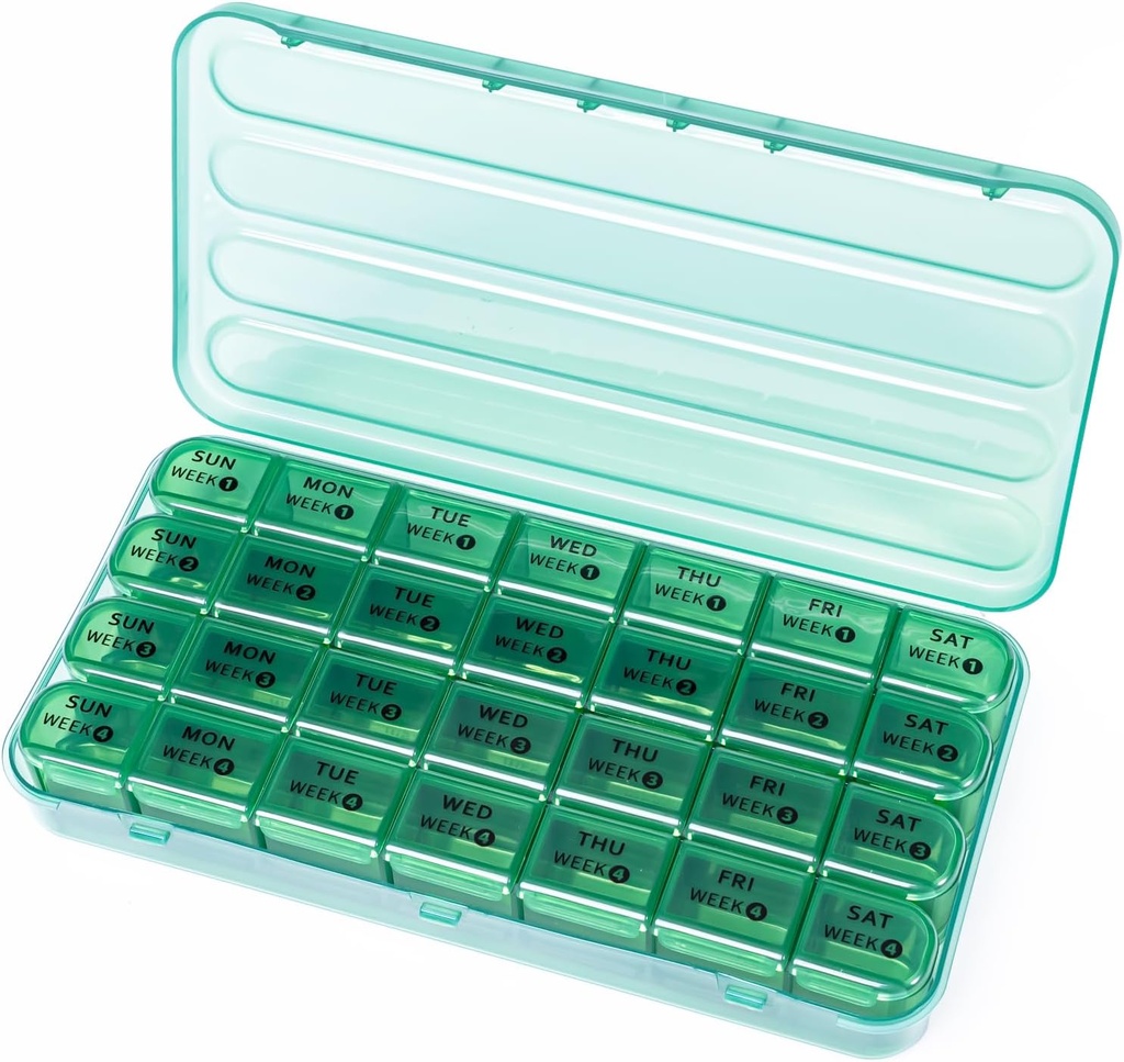 28 Hari Pill Organizer Monthly - 4 Pekan Pill Box 1 Waktu sehari, 7 Hari Kotak Organisasi Obat-obatan, Kontainer Travel Pill untuk Vitamin, Minyak Ikan (Olive Green)