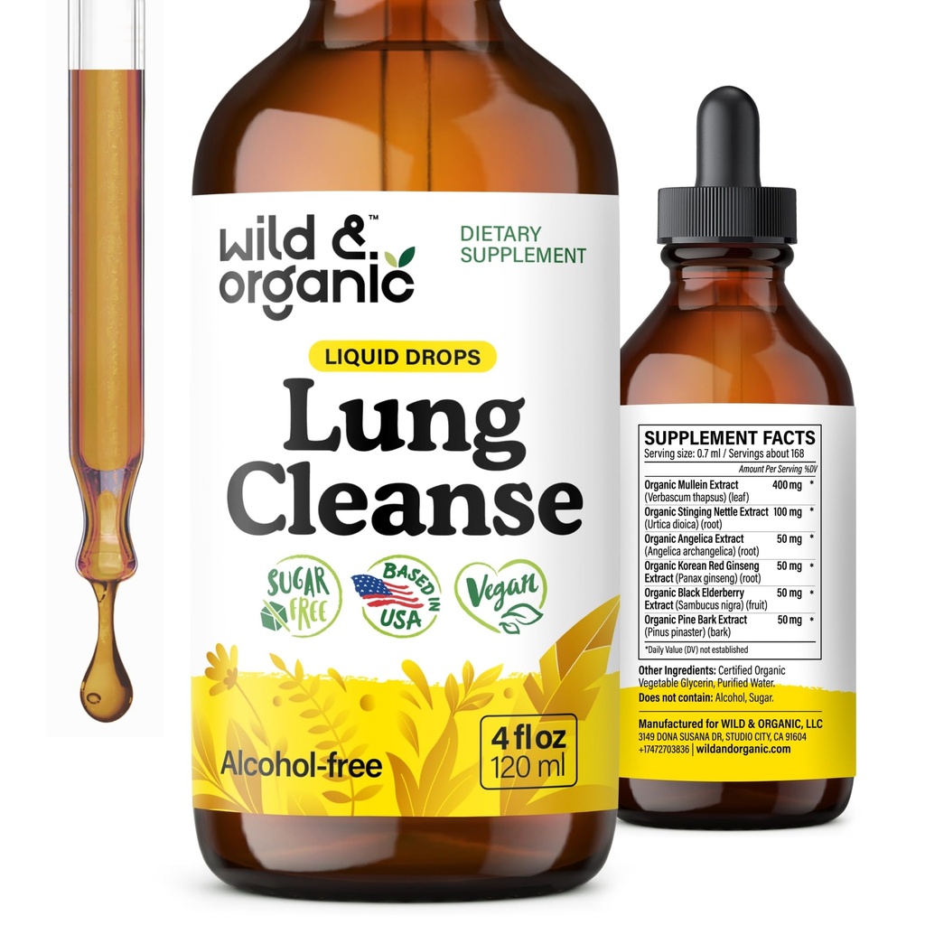 Wild & Organic Lung Cleanse Detox Tincture - Mullein Drops for Lungs - Herbal Mullein Extract Suplemen - Vegan, Alcohol- Free Drops - 4 flf oz