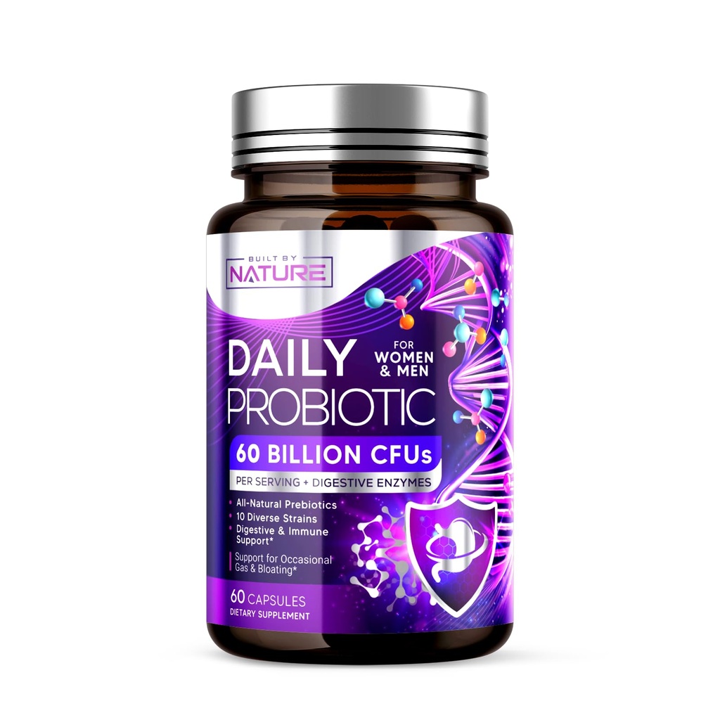 Dibangun oleh Nature Probiotic for Women & Men - 60 Million CFU, 10 Strains + Pregities & Digetical Enzymes - Support Digetives, Imune, Reduce Gas & Bloating - Shelf Stable, Non-GMO - 60 Capsules
