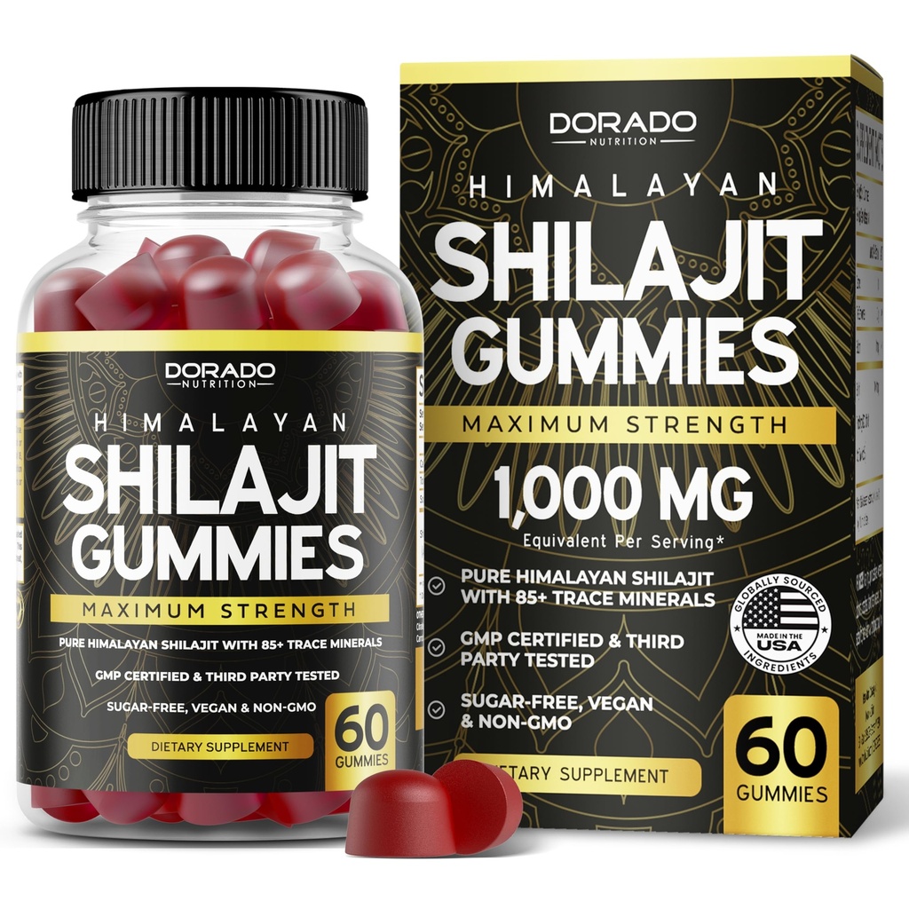 Shilajit Gummies For Men & Women 1000mg (High Potency Gold Grade with 85 + Trace Mineces with Fulvic Acid) - Energy & Imunity Dukungan - Partai Ketiga Test, Non GMO, Vegan & Made in USA - (60 Gummies)