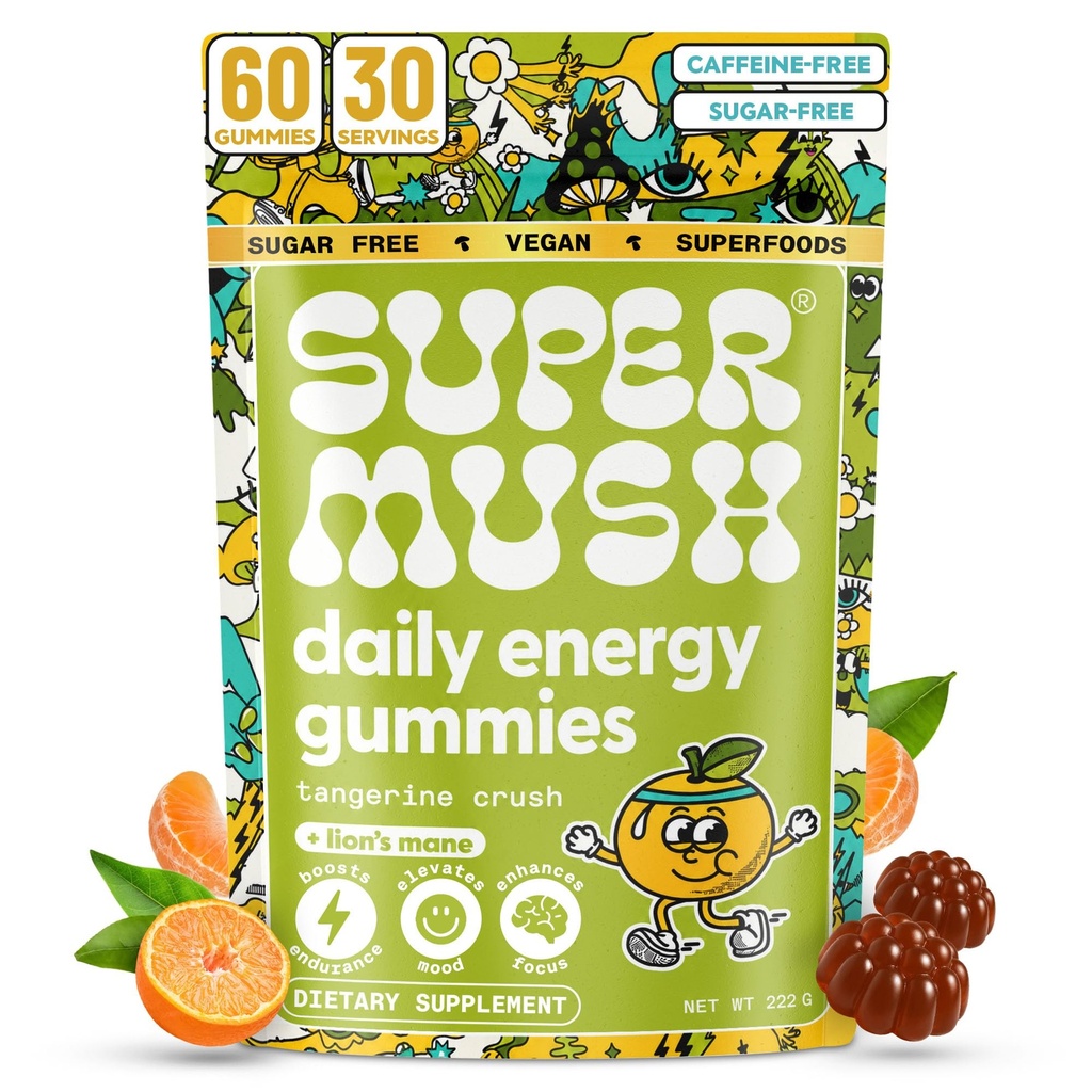 Komik Mushroom Energi - Limon Organik Mane Suplemen dengan Cordyceps, Rhodiola, L- Theanine, Maca & Sugar- Free - Energi, Fokus, Stamina, Stress Reduction - 60 Gummies (30 Pelayan)