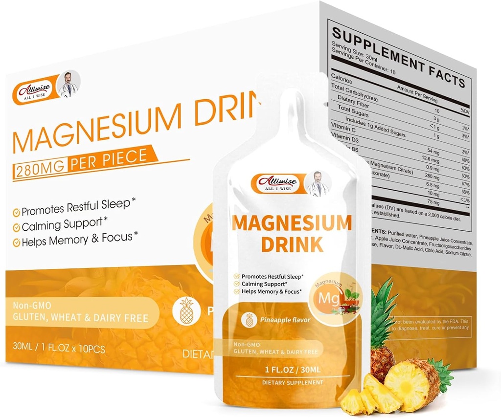 Magnesium Citrate Liquid Magnesium Drink Oral Solution dengan Vitamin, Sodium Bromelain, Essias Magnesium Support Imune, Bone Health and Zzz, Pineapple Flavor, 10 Fl Oz