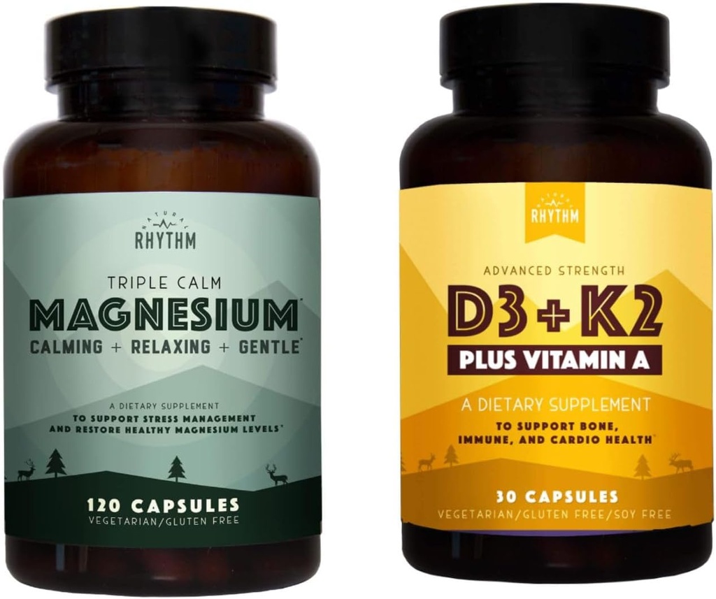 Rhythm Natural Calm Magnesium 150 mg - 120 Capsules - Magnesium Compledge Suplemen W / Natural Rhythm D3 + K2 (MK7) Ditambah Vitamin A, untuk Bone, Heart, & Imune Health, 30 Capsules