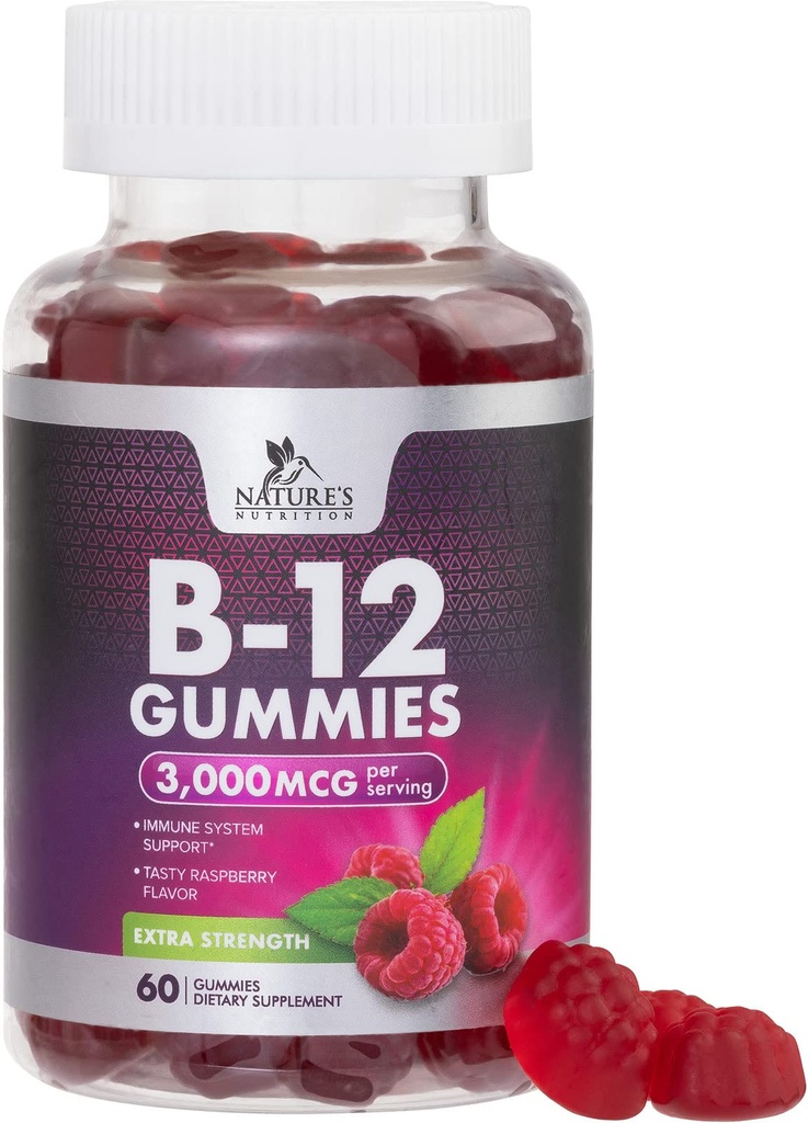 B12 Vitamin Energy Gummies 3000 mcg - Ekstra Kekuatan B 12 Gummy untuk Metabolisme & Imune System Dukungan - Suplemen Dietary B12 Chewable untuk Orang dewasa & Anak Kafein Bebas Gummy Vitamin - 60 Gumin