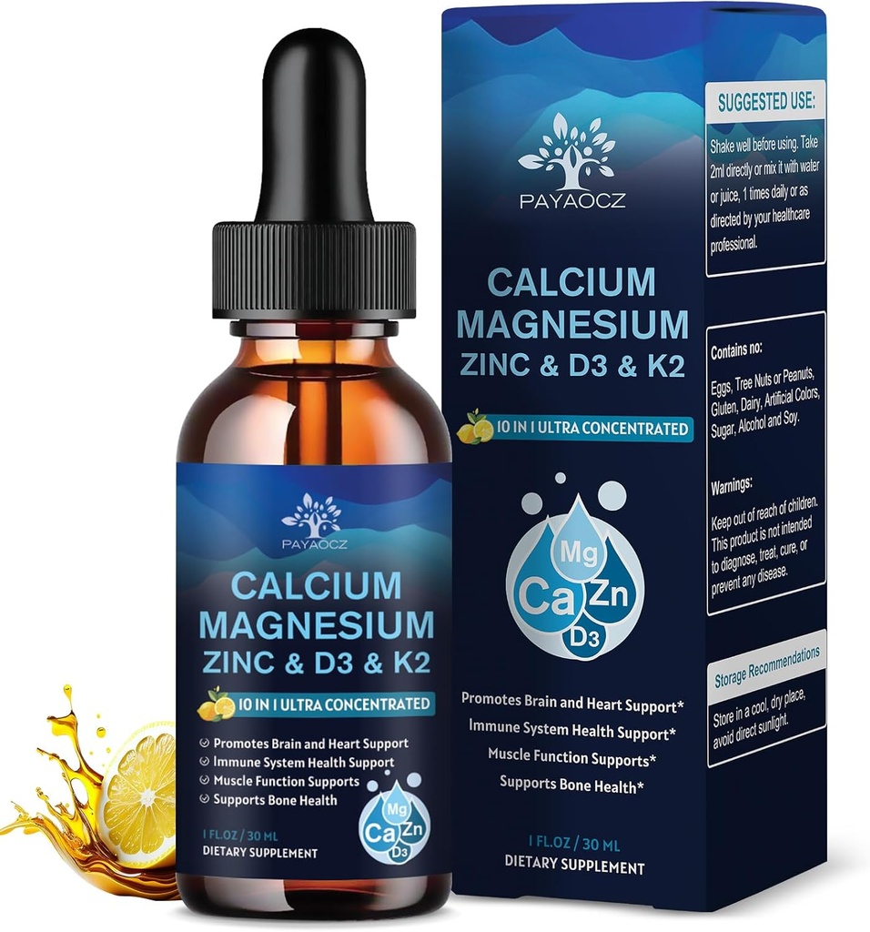 (4 Paket) 10 dalam 1 Kalsium Magnesium Zinc Suplement, Magnesium Glycinate Complex Drops with Vitamin D3 K2 B6, Vegan Calcium Citrate Bone & Imune Health Support, Sleep & Cramps, Boron, 1 Fl Oz