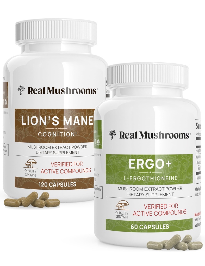 Ergothioneine (60) dan Lions Mane (120ct) Bundle with Shiitake dan Oyster Mushroom Ekstraksi - Umur panjang dan Penyatuan - Vegan, Gluten Bebas, Tanpa-GMO