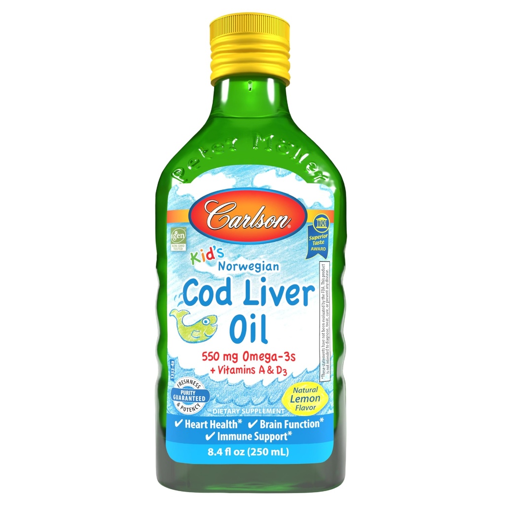 Carlson - Kid 's Cod Liver Oil, 550 mg Omega- 3 s, Vitamin A & D3, Norwegia Liar, Lemon, 250 mL